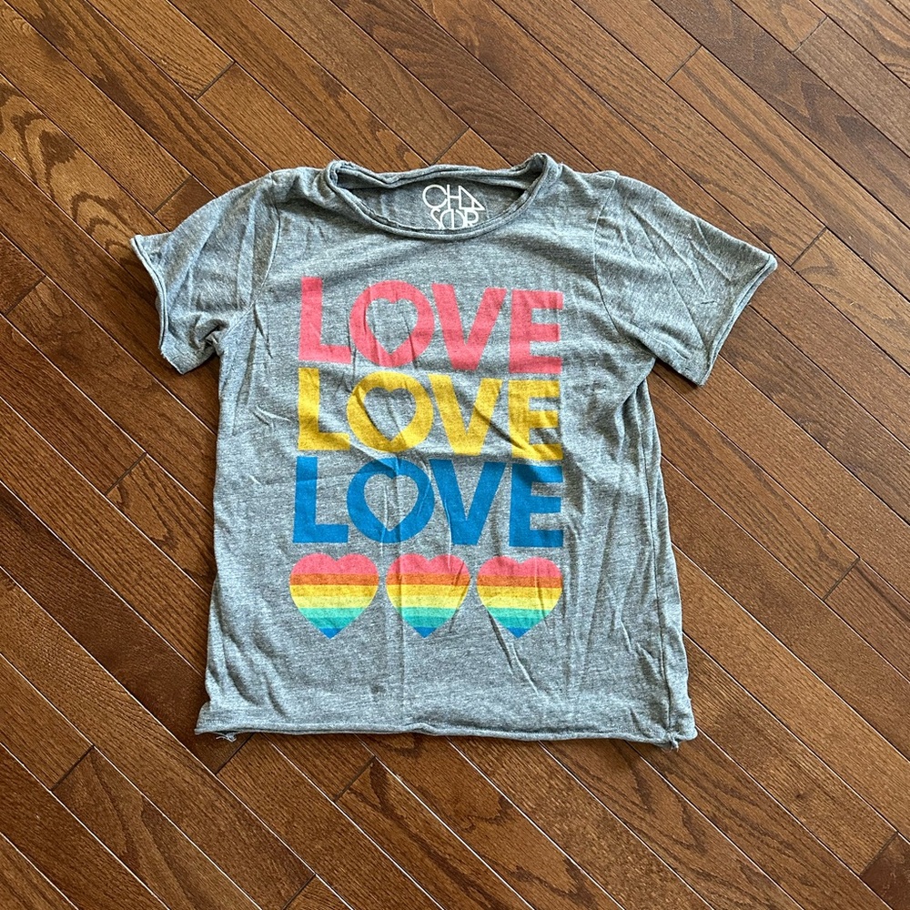Chaser Gray Love Graphic Tee with Rainbow Hearts
